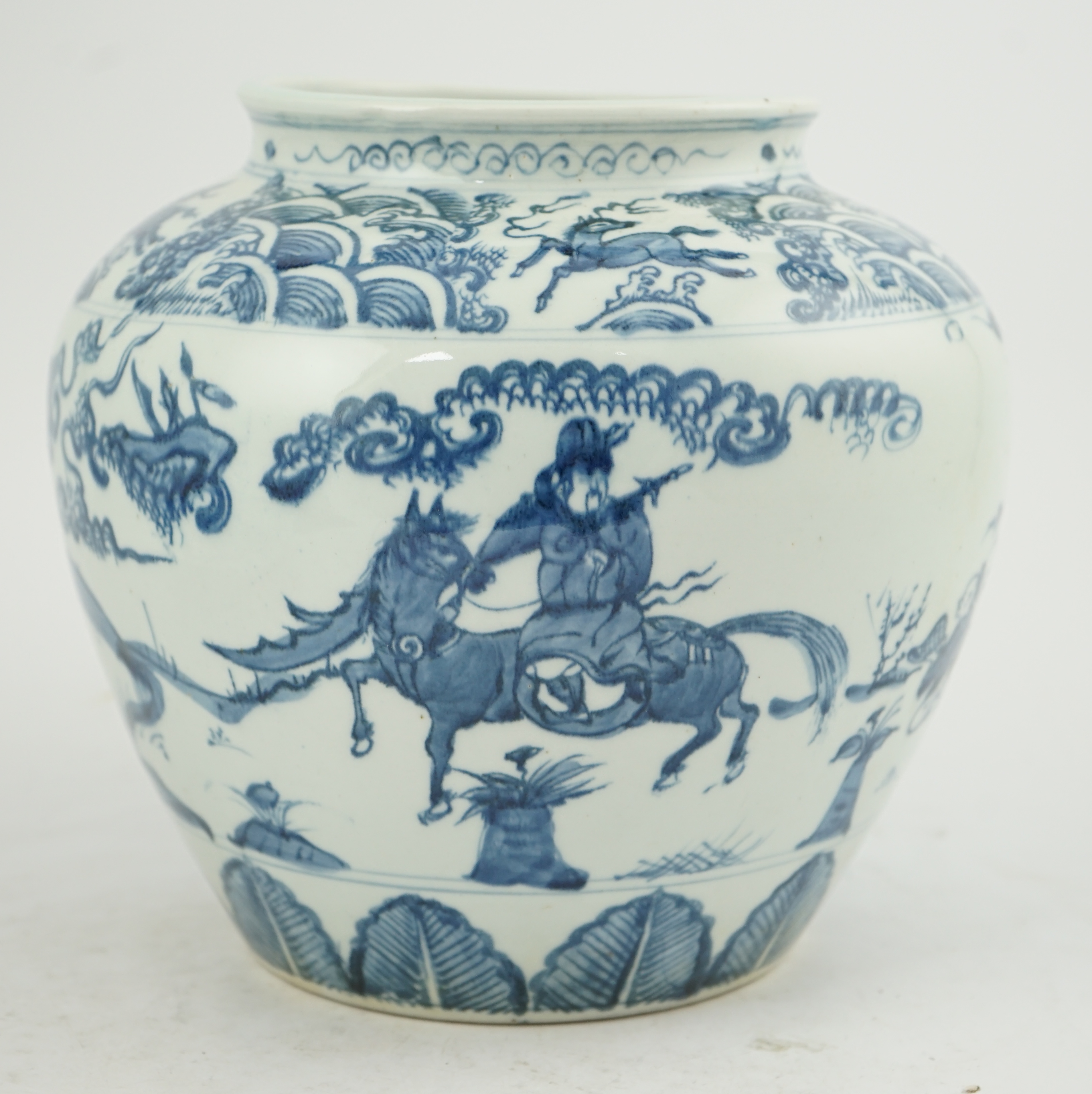 A Chinese blue and white ovoid jar, guan, Ming style